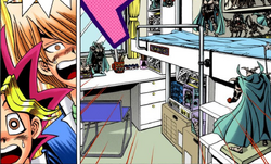 Hanasaki shows his friends his room.