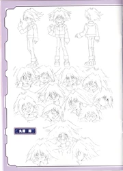 Syrus's design incorporates multiple layers of clothing and a wide range of expressions. Depicted here is the Duelist in full  regalia from front, side, and rear alongside views of his head from different angles.