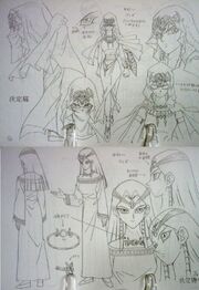 Ishizu's design incorporates multiple layers of clothing and a wide range of expressions. Depicted here is the  in her attire from the  tournament (top) and her casual clothing (bottom) from front, side and rear views and alongside views of her head from different angles.