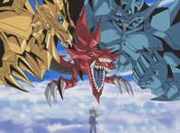 Yami with his Egyptian Gods fighting against the Great Leviathan and Dartz.