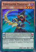 An example of the Series 9 layout on Effect Pendulum Monster Cards with long Pendulum Effect text. This is "Timegazer Magician", from Super Starter: Space-Time Showdown.