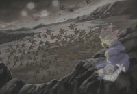 Yami seeing a vision of the past showcasing the war between duel monsters and the .