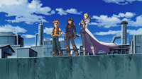 Yusei, Jack and Crow stand at the Daedalus Bridge