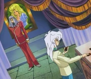 Yami Bakura nimmt den vom Duell mit Yami Yugi geschwächten Pegasus das Millenniumsauge ab