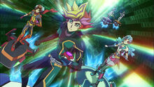 Héroes de ENLACE VRAINS atravesando el portal