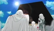 Los Tres Emperadores frente la lápida de piedra de .