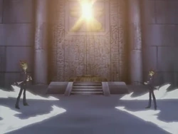 Yugi y Atem a punto de comenzar su Duelo final.