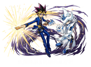 Ilustración promocional de Yugi Muto y Mago Silencioso en la colaboración con el videojuego Puzzle & Dragons.