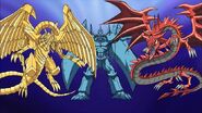 Los tres monstruos "Dios Egipcio" en Yu-Gi-Oh! La Película: La Pirámide de la Luz.