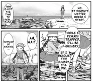 Madotsuki enters the pink water in the manga.