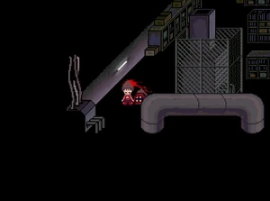 Madotsuki usando el efecto Poop hair.