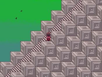 Two men fall from the sky, possibly referencing the sacrifices made at the top of Aztec temples.