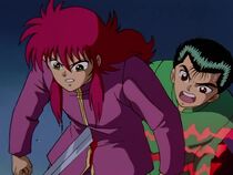 Kurama saves Yusuke from being stabbed by Hiei's sword
