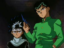 Yusuke (with Hiei) challenging his opponent.