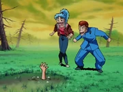 Yusuke's hand reaching from the pond