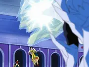 Karudio freezes Gigano Fanon while Ponygon brings Zatch and Kiyo to safety