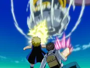 Zatch and Kiyo use their spells toward Faudo's fist