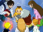 The group gather around Riya as he disappears