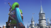 Hyrule Warriors Shining Beacon Link looking at Hyrule Castle after Cia's defeat (Cutscene)