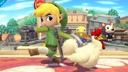 Link junto a un cuco en Super Smash Bros. (Wii U).