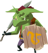 Bokoblin verde con un machete y un escudo de madera de The Wind Waker