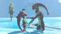 Mipha y Sidon siendo visitados por Zelda BotW