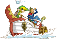 Artwork of Linebeck, Link, and Ciela aboard the S.S. Linebeck