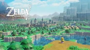 Zelda face au château d'Hyrule avec le logo titre du jeu