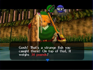 Link después de haber pescado una Locha de Hyrule con el señuelo de fondo en Ocarina of Time.