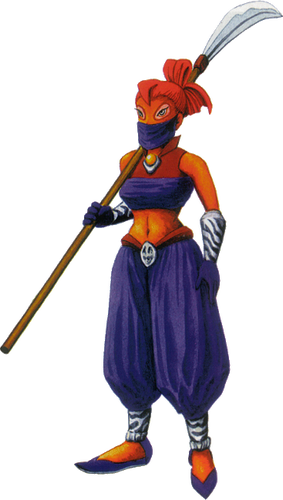 Concept art of a Gerudo woman from The Legend of Zelda: Ocarina of Time. She is thin with brown skin and bright red hair. She is wearing baggy purple pants, pointed purple shoes, and a red-and-purple crop top that reveals her abdomen. She's also wearing a kind of veil that covers her nose and mouth. Balanced on her right shoulder is a spear-like weapon.