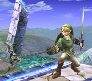 Link utilisant le Grappin comme Grab Move dans Super Smash Bros. Brawl