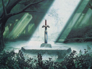 Artwork of the Master Sword and its pedestal from A Link to the Past.