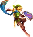 Render of Link wielding the Master Sword and Hylian Shield