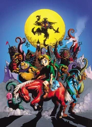 Obra de arte com várias personagens, cenários e máscaras de Majora's Mask