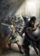 Artwork officiel tiré de Twilight Princess, montrant Link dans un combat acharné contre une paire de Darknuts.