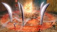 Impa performing her Special Attack with the Guardian Naginata in Hyrule Warriors