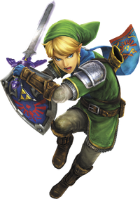 Link wielding his signature Master Sword and Hylian Shield