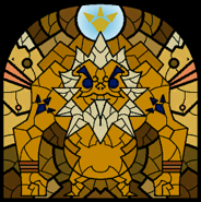 Stained-glass window depicting Darunia from The Wind Waker