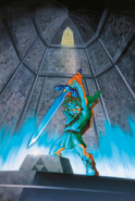 Artwork de Link retirando la Espada Maestra del Pedestal del Tiempo en Ocarina of Time.