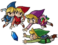 Les quatre Link qui se jettent sur un rubis dans Four Swords