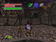 Ein Screenshot aus Ocarina of Time. Link geht an ein Zombie vorbei und der Untote bemerkt ihn nicht. Der Zombie müsste Link schon angeschrien haben.
