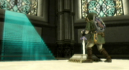 Link clavando la Espada Maestra en el Pedestal del Tiempo en Twilight Princess.