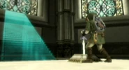 Link clavando la Espada Maestra en el Pedestal del Tiempo en Twilight Princess.
