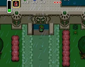 Link sous la pluie, devant l'entrée du château d'Hyrule