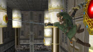 Link dirigiendo la zarpa hacia un objetivo para engancharse, en Twilight Princess.