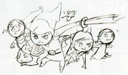 Artwork d'Hyrule Historia de plusieurs personnages de The Wind Waker dont Dumoria