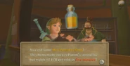 Link receiving a bottle of Hot Pumpkin Soup