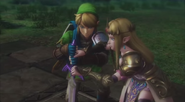 Link y Zelda colocando la Espada Maestra en su pedestal en Hyrule Warriors