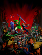 Artwork of Link and Sheik battling Stalfos, Lizalfos, and Moblins from Ocarina of Time