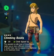Link wearing crimson dyed Level 3 (★★★) Climbing Boots in the inventory screen